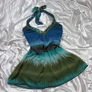 y2k Studio Y Halter Top Blue Green Braided Neck Tie Dye Chiffon XL